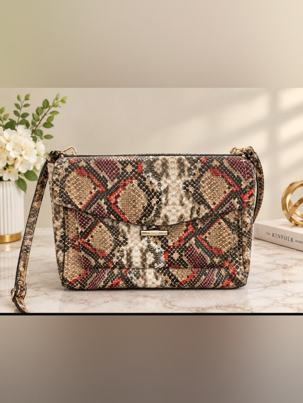 Fiorelli Snake-Effect Crossbody Bag in Brown and Red Vegan Leather Long Strap